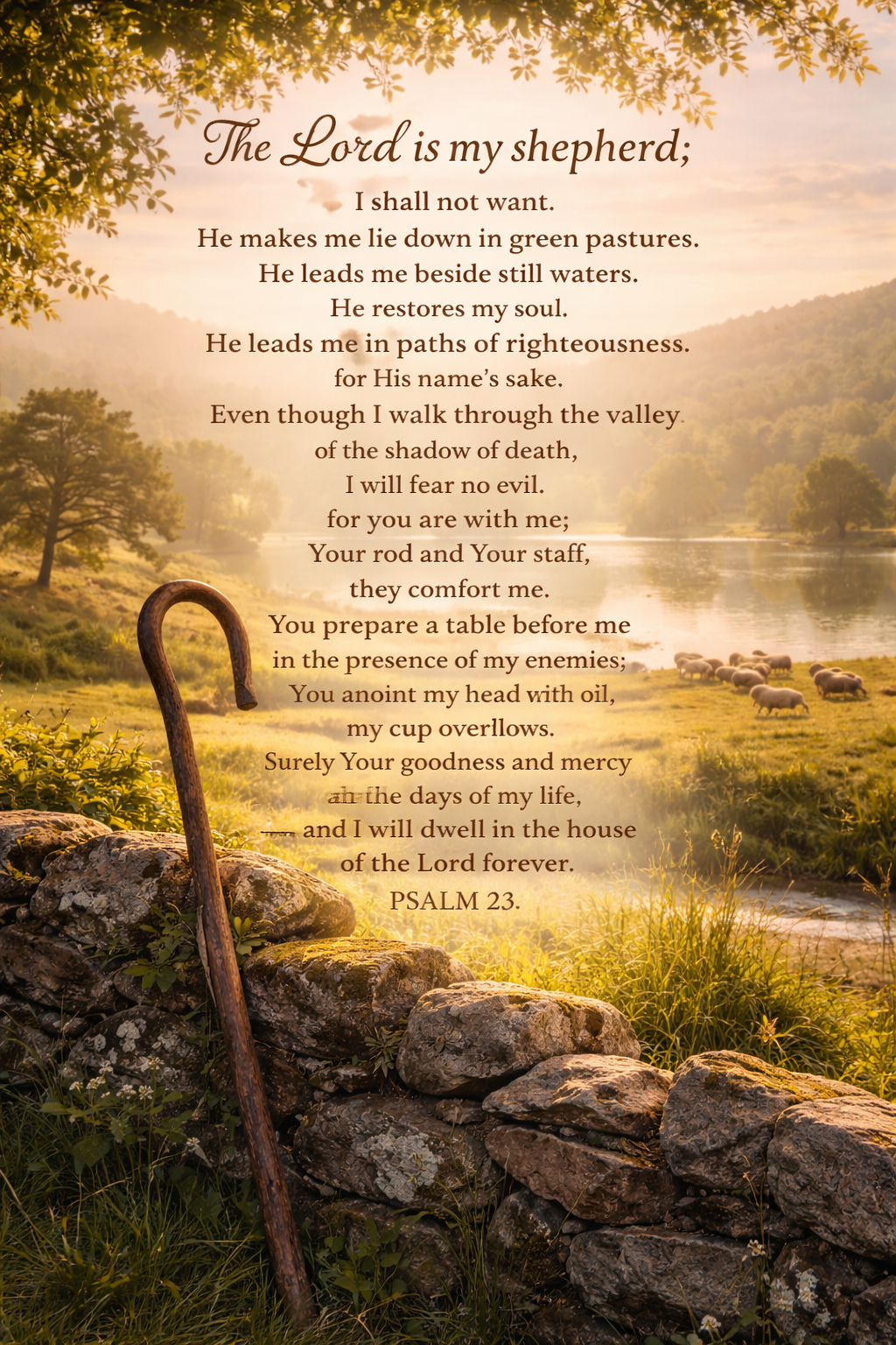 Pastoral landscape with shepherd's crook leaning against stone wall, green pastures and still waters beyond, full text of Psalm 23 overlaid on warm golden scene -- vertical HD Bible verse wallpaper